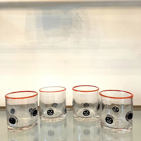 Set of 4 PUMPKIN Double Old Fashioned Glasses 4" Orange Black Halloween Barware - Picture 7 of 12